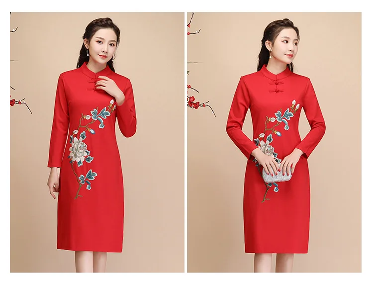 B0652 этнический стиль вышитые Cheongsam женские Ранняя весна стоячий воротник лягушка с длинным рукавом тонкое платье