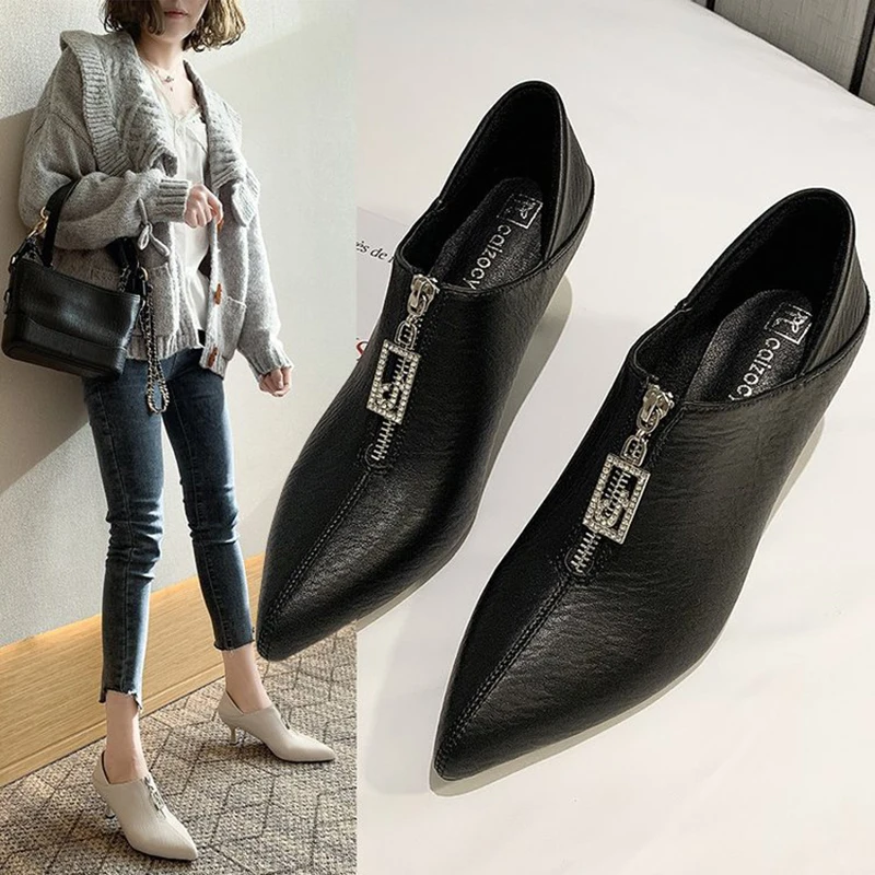 Crystal zipper pointed toe solid pumps sexy ladies thin high heels all match casual comfy brief women single shoes non-slip 2020 | Обувь
