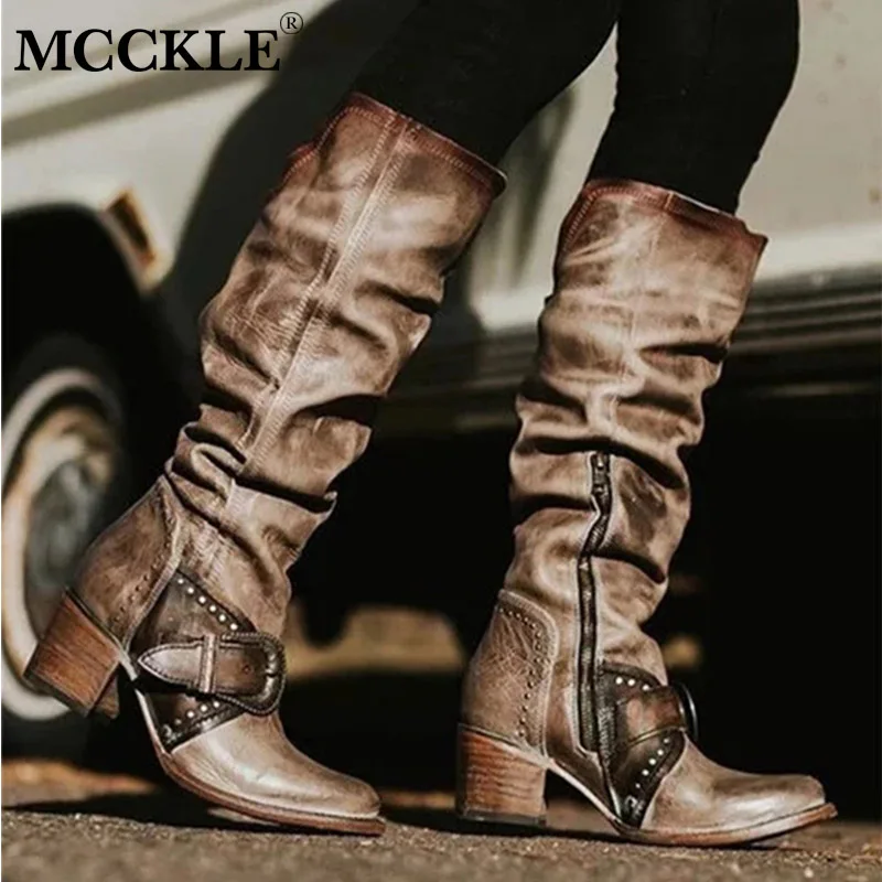 

MCCKLE Women Zipper Vintage Knee High Boots Female Pointed Toe PU Leather Rivet Women's Casual Buckle Boots Ladies Shoes