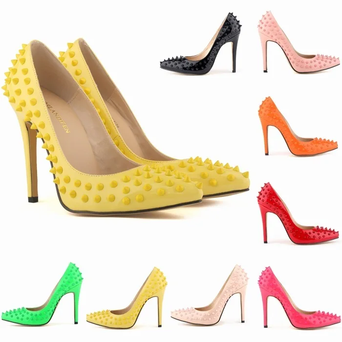 New Women Sexy Party Pointed Toe Pumps Solid Color Thin High Heels Shoes Patent Leather 11CM Slip On Rivet 2023 size 35-42