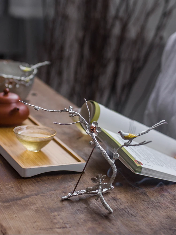 Handmade pure tin ornament plum bird flower tree ornament blossom tin incense seat tea pet incense plug creative home tea