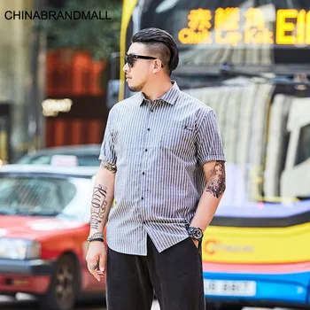 

Brand Big size Men's Wear Fat Man Loose Shirt Trend Stripes Plus Fat Plus Short Sleeve Printing Shirt