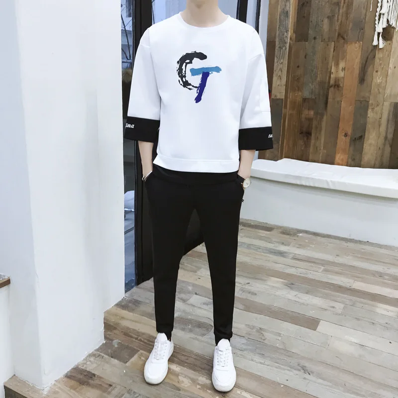 

Spring Summer Men Three-quarter-length Sleeve Set Casual Joint Trousers Ankle Banded Pants Sub-Men's Running Sports Two-Piece Se