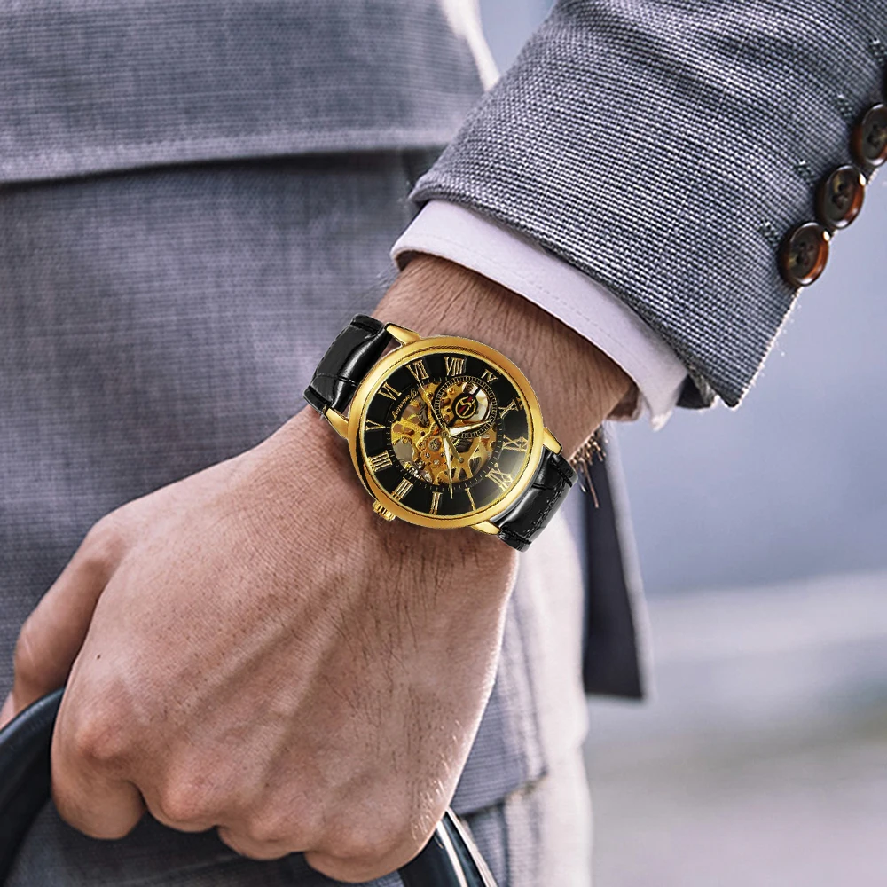 Mechanical Man Gold Watch Mens Watches Top Brand Luxury WINNER Clock Male Skeleton Leather Forsining 3d Hollow Engraving mechanical watch