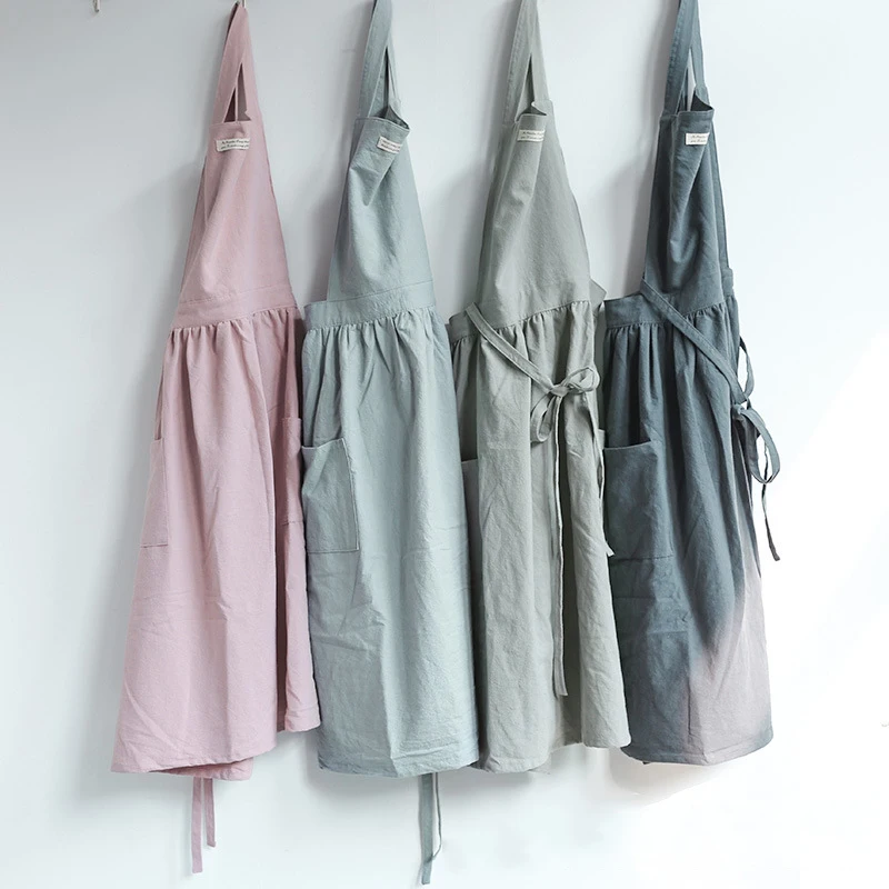 Lady Cotton Linen Bib Apron Sleeveless Pinafore Dress Cooking Cafe Florist Pink