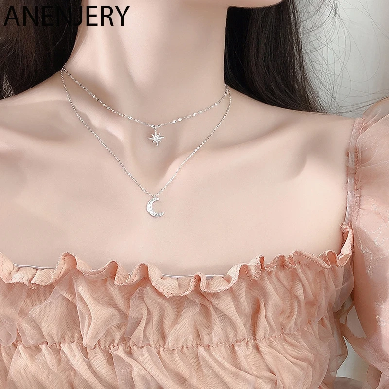 Women's Temperament Sweet Star Moon Pendant Necklaces Simple Choker Necklace Gold Silver Long Clavicle Chain Necklace Jewelry Gift for Lover Mom Girlfriend 