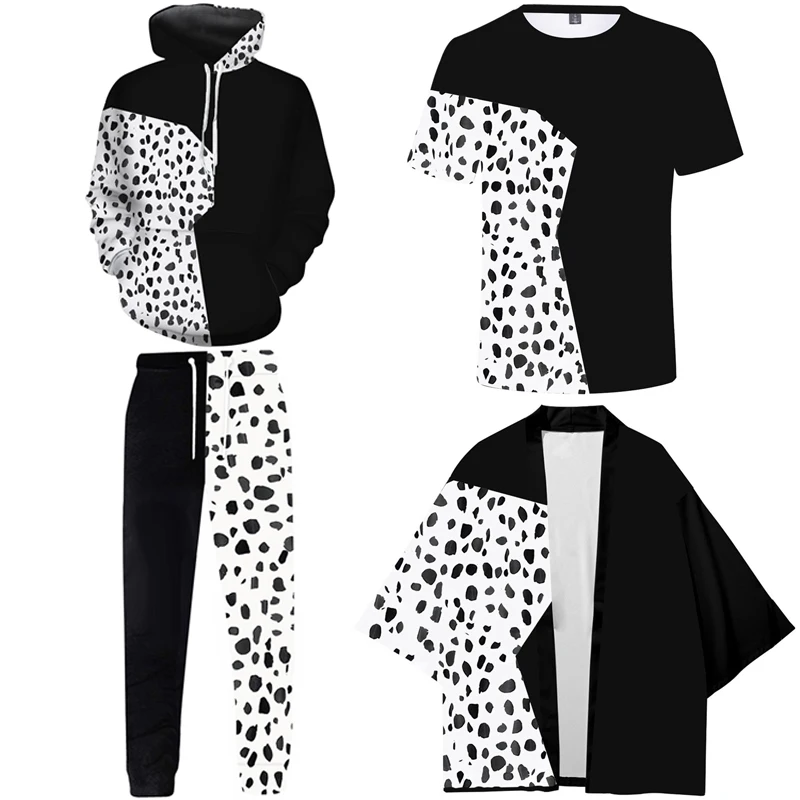 101 Dalmata Cruella De Vil Cappotto Mantello Nero Bianco Stampa Kimono Top Cruella Costumi Cosplay Casual Felpa Donna Uomo
