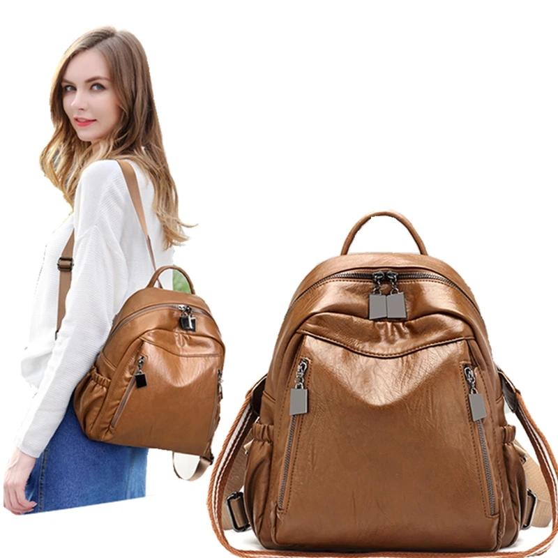

season Korean version of the new fashion wild soft leather backpack student travel bag multi-function backpack female