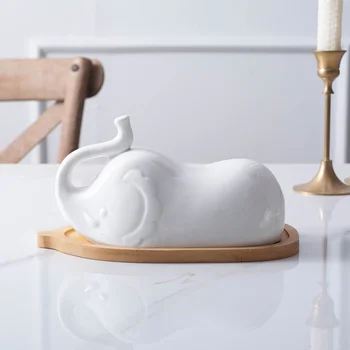 

Elephant Shape Butter Dish with Ceramic Lid Simple Wooden Plate Household Tableware for Home Hotel