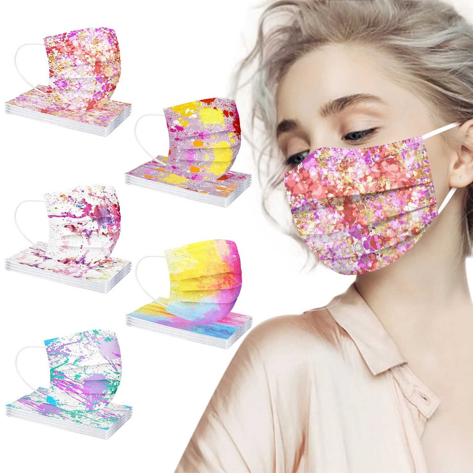 10pc Disposable Adult Mask Tie-dye Print 3 Ply Facemask Rainbow Mascarillas Desechable Halloween Cosplay Party Mascherine Masque