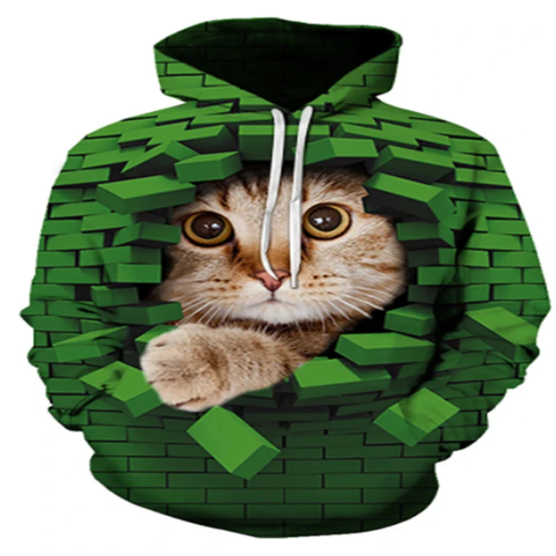 

2021 new casual hoodie 3D cute kitten print pattern men's casual street green hoodie Breathable sweat-absorbent and comfortable