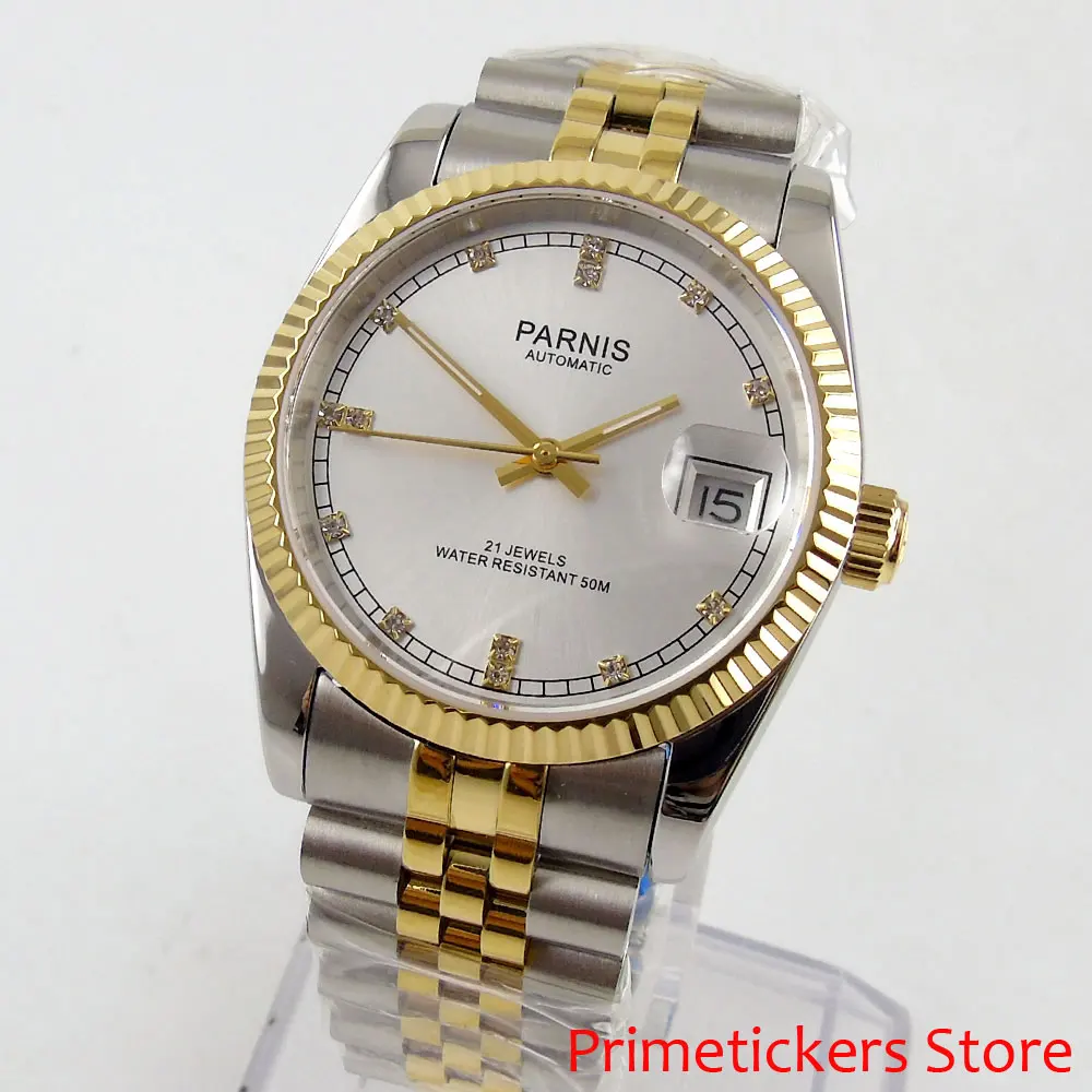 

36mm Parnis white dial sapphire glass date stainless steel strap with gold plated automatic mens watch