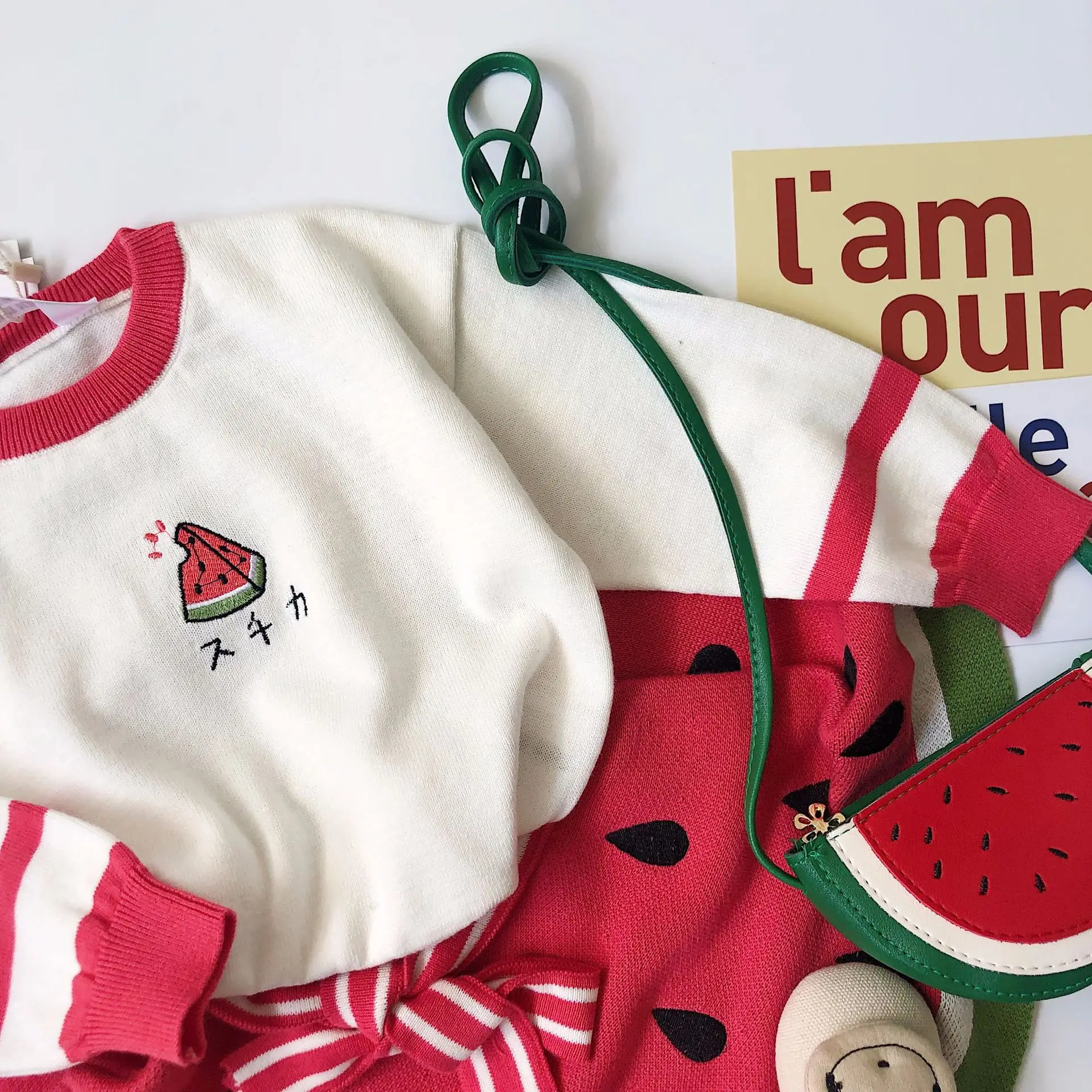 Tonytaobaby/осенне-зимняя одежда; Новая детская одежда для маленьких девочек; вязаный комплект с вышивкой арбуза; Одежда для девочек