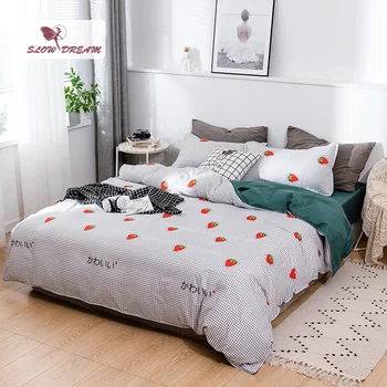

SlowDream Bedding Set Child Kids Bedspread Double Green Flat Sheet Set Duvet Cover Queen Adult Strawberry Decor Bed Linen Set