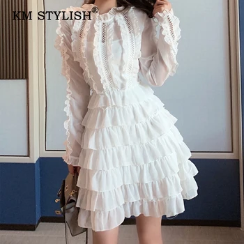 

New Women Casual Dress White Lace Patchwork Ruffles Slim Dresses Long-sleeve Cutout Dress