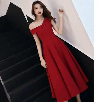 

Sexy Women One Shoulder Evening Party Dress Burgundy Prom Gown Elegant Qipao Noble Square Collar Cheongsam Robe De Soiree