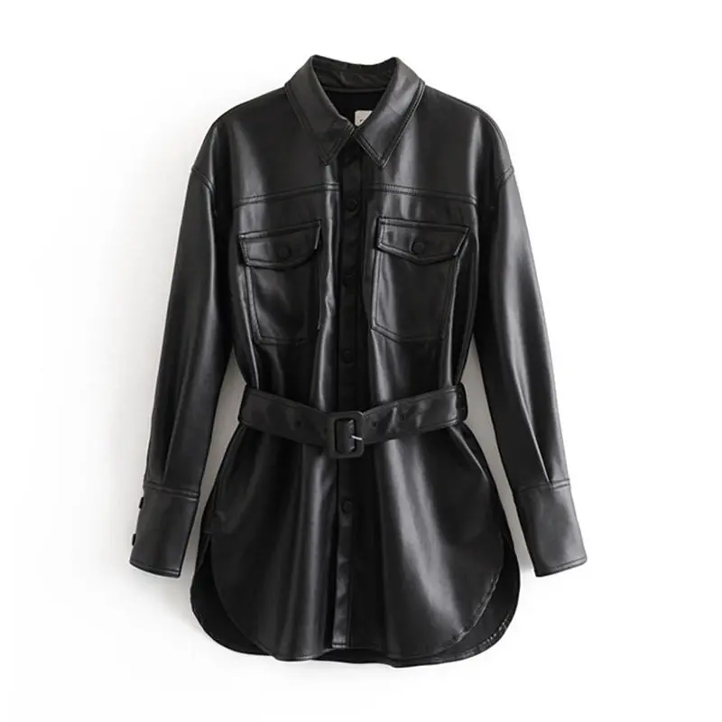 Pu Leather Coat Women Winter Single Breasted Long Sleeve Solid Female Coat With Belt Vintage Pockets Buttons Outwear Ladies Tops