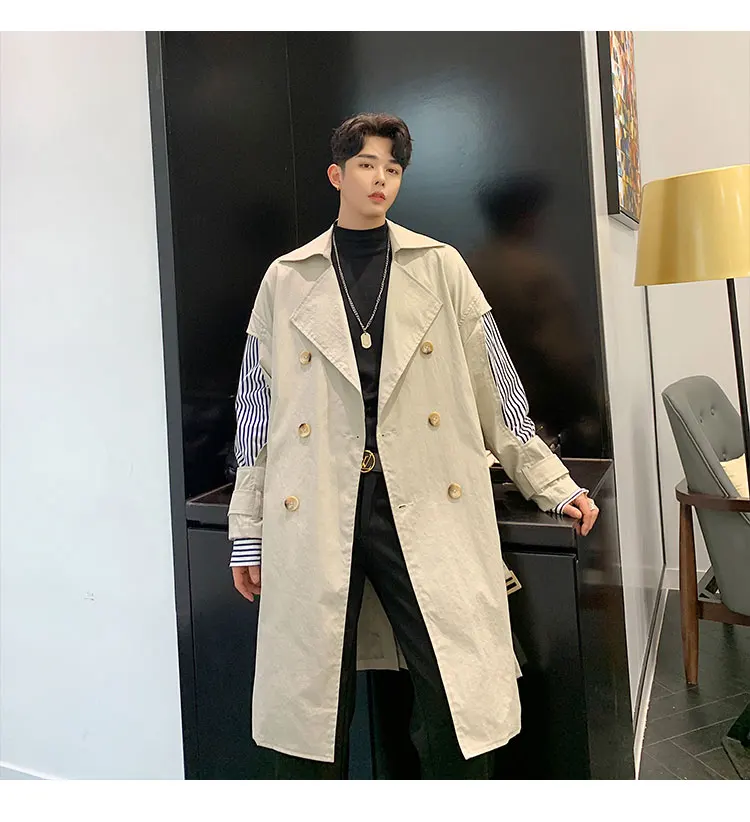 Men Double Breasted Stripe Sleeve Splice Loose Long Trench Coat Male Vintage Streetwear Hip Hop Windbreaker Jacket Overcoat