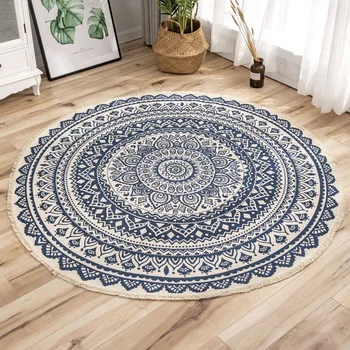 

Cotton Carpet National Style Family Living Room Tea Table Printing Floor Mat Bedroom Study Round Carpet Nordic Decoration Home