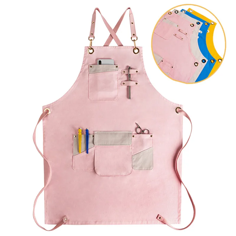 Длинный хлопковый фартук серого и розового цвета для официантов бариста пекарни