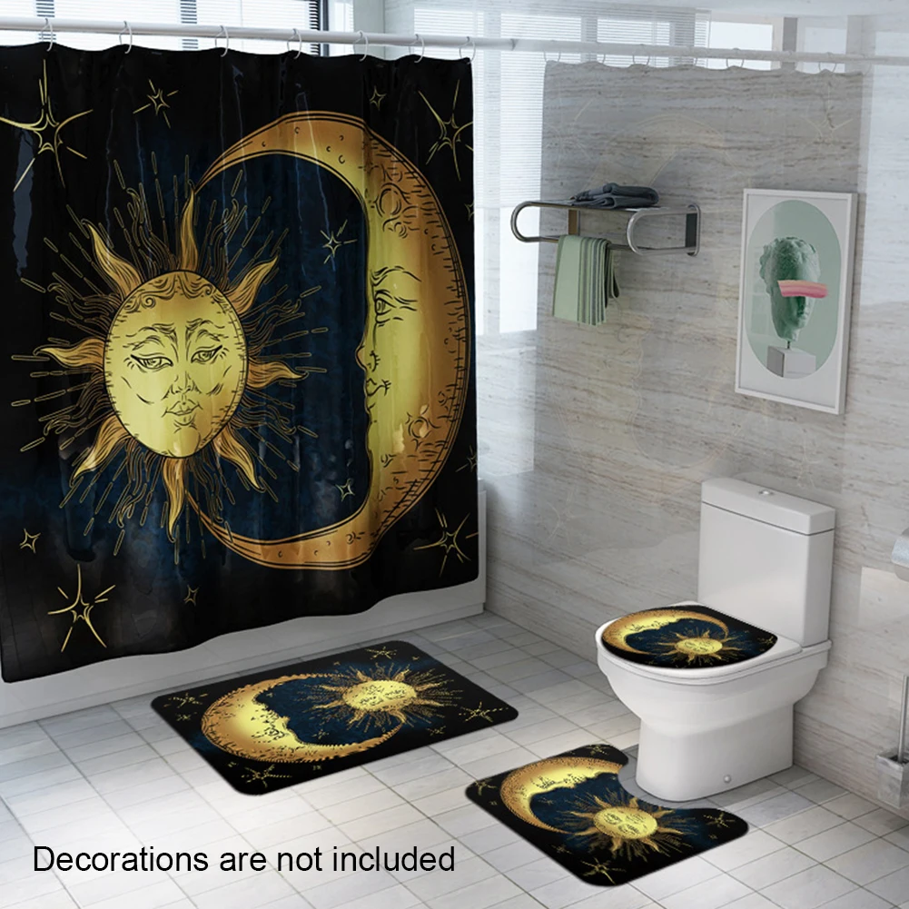 

Stars Over Sky Sun Moon Decoration Bathroom Bath Mat Shower Curtain Set Carpet With Hooks Soft Art Fabric Antique Waterproof