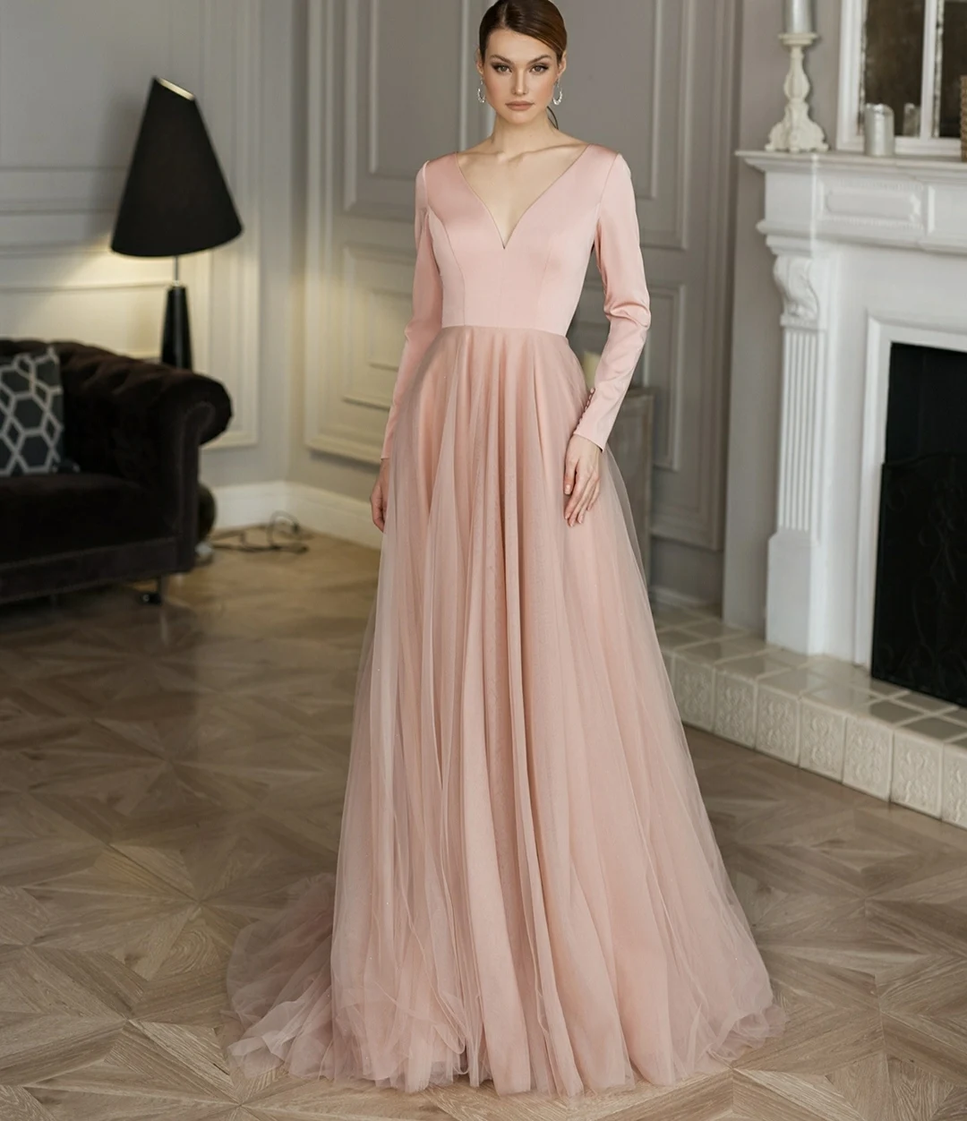 

Elegant Long V-Neck Pink Eevning Dresses with Sleeve Tulle Zipper Back Pleated Robes De Mariée Bridal Gown For Women