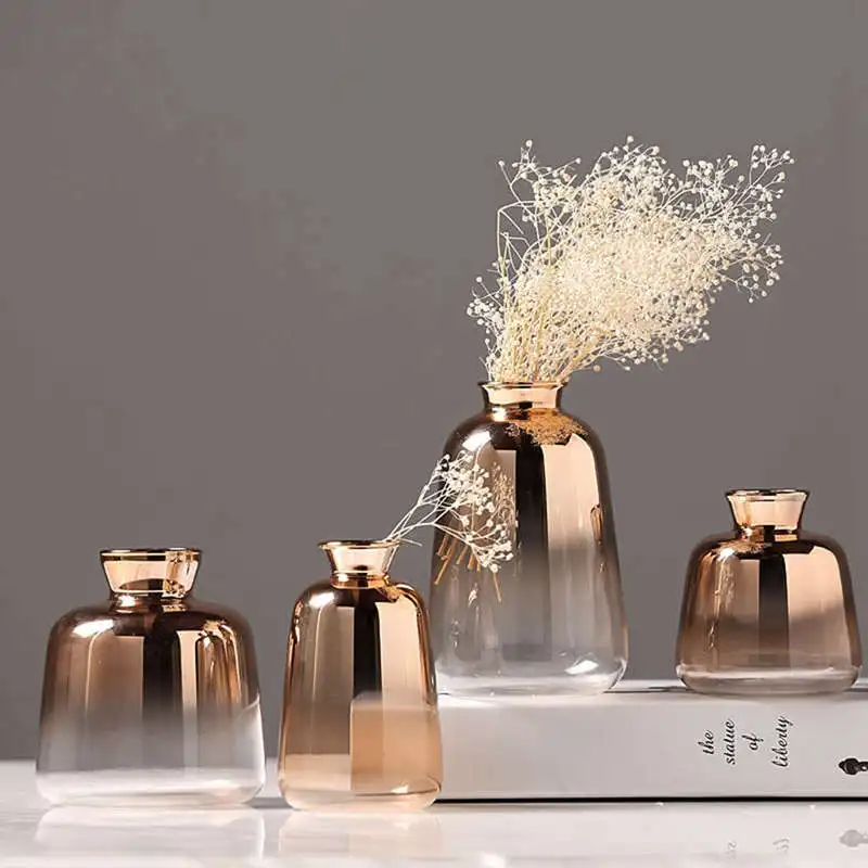 Новая градиентная Золотая стеклянная ваза, скандинавские цветочные вазы с гальваническим покрытием для домашнего декора, сушеные Цветочные Бутылки, украшения для бара и ресторана