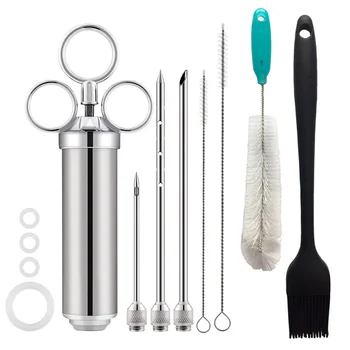 

BBQ Grill Smoker Stainless Steel Turkey Marinade Injector Needles Meat Injector Kit Food Flavor Cleaning Brushes Hot F25