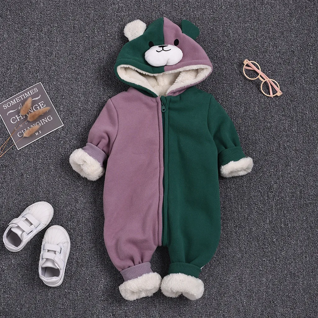 Одежда для новорожденных; Детский комбинезон; детская одежда; Носки с рисунком медведя из мультика флис теплый комбинезон, спортивный костюм для маленьких мальчиков и девочек; теплые мягкие зимние пижамы ткань на возраст от 0 до 18 месяцев - Цвет: Фиолетовый