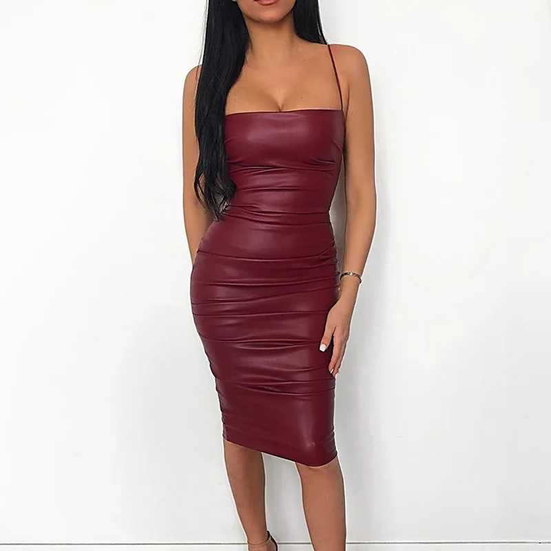 Ellolace Fashion Pu Leather Black Midi Dress Women Spaghetti Slim Dresses Party Elegant Lady Backless Dresses 2019 Sexy Clothes