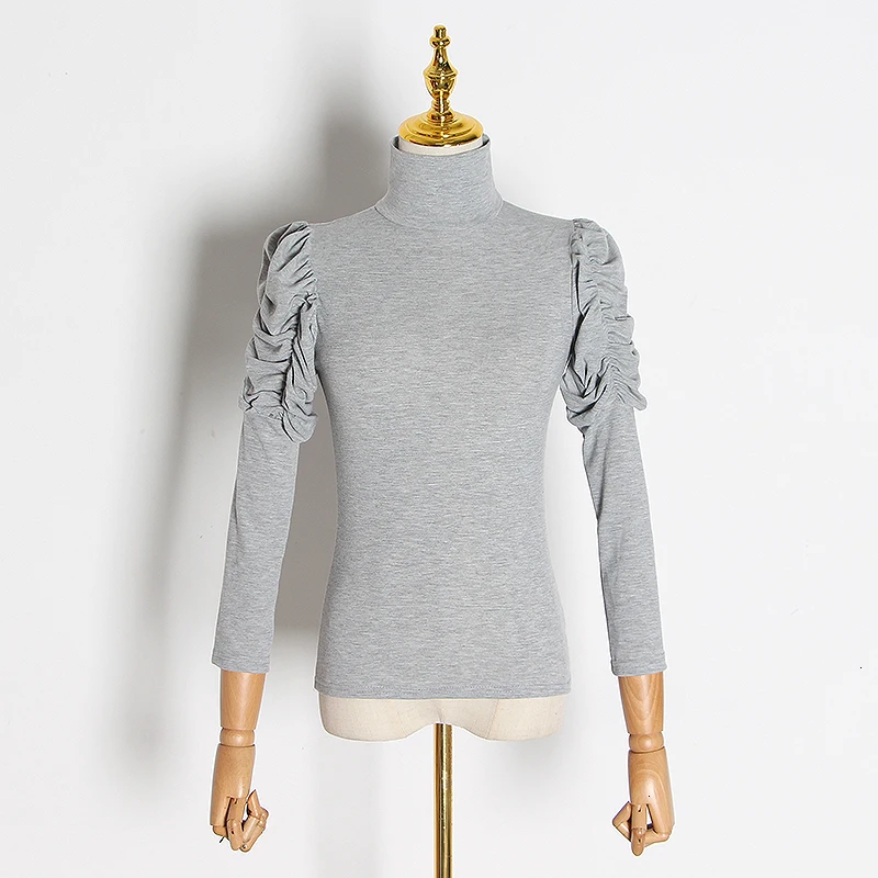 GALCAUR Minimalist Ruched T-shirt For Female Turtleneck Puff Long Sleeve Autumn Slim T Shirt Women Fashion Clothes New