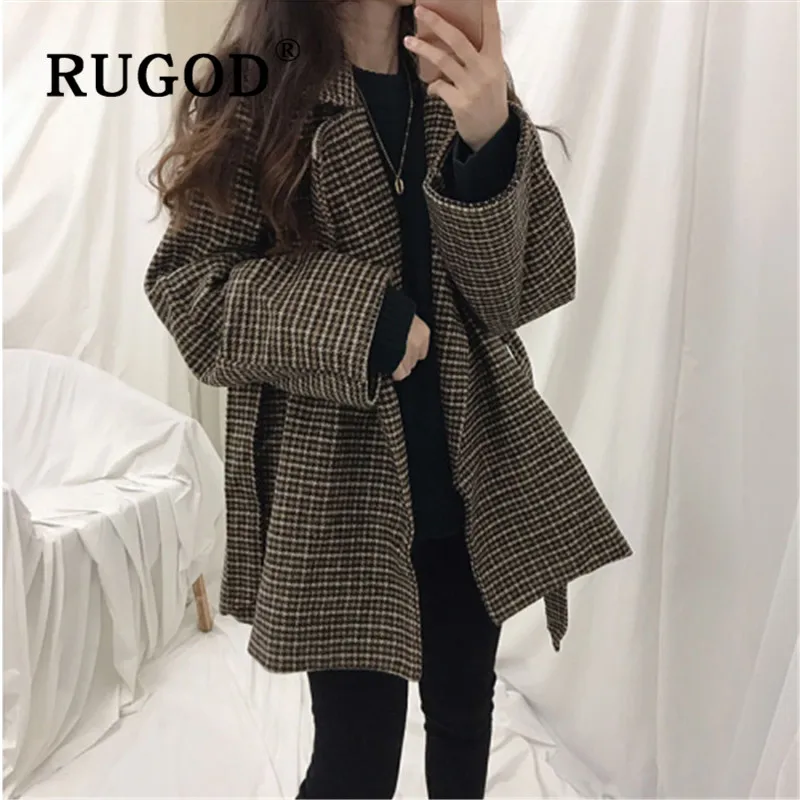RUGOD, винтажный клетчатый Блейзер, куртка с поясом, собранная Талия, укороченное шерстяное пальто, женские зимние пальто, уличная одежда, корейский стиль, для женщин