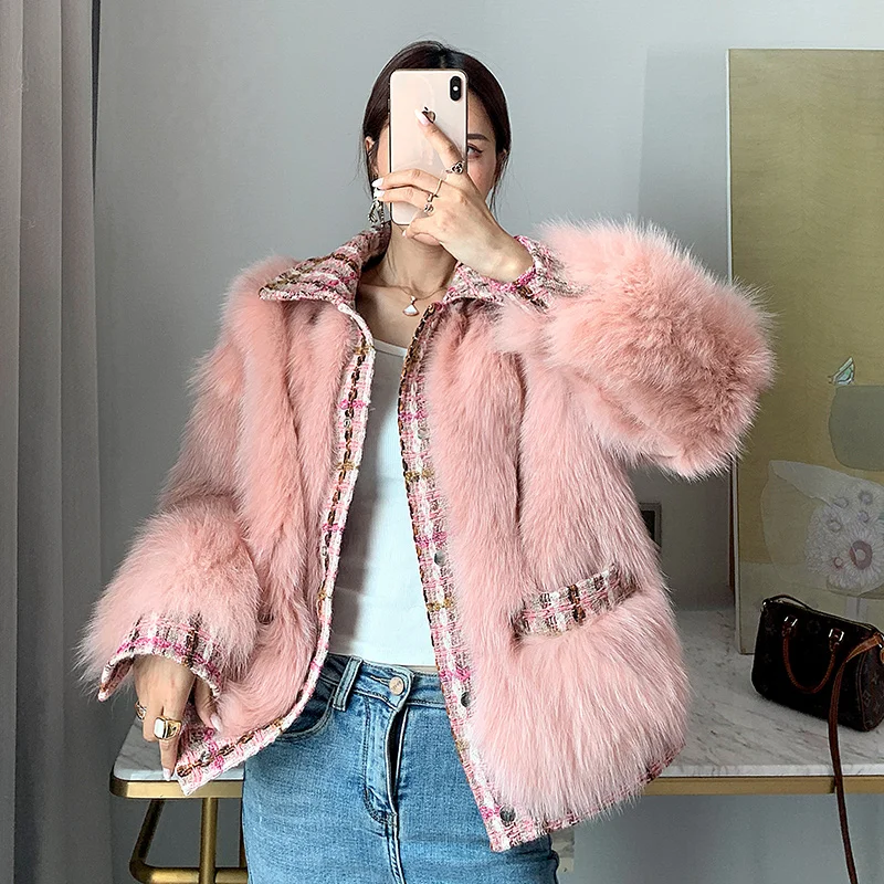 rf2041 Turn Down Collar New Arrival Woman's Real Fox Fur Jacket Fashion Natural Fur Coat for Ladies - Цвет: Розовый