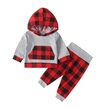 

0-24 Months Newborn Baby Girls Boys Hooded Outfits Red Plaid Hooded Sweatshirt Long Pants Boys Outfits Tracksuits Girls Clothing