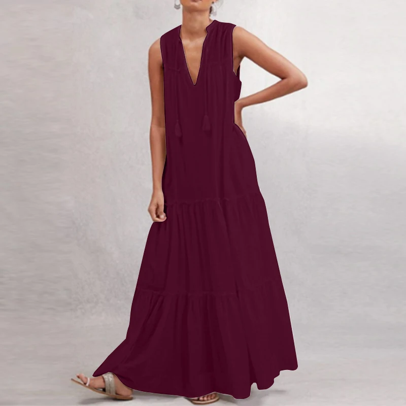 Wine Red Г. ZANZEA летнее однотонное плиссированное платье без рукавов женское пляжное платье без рукавов с v-образным вырезом элегантные вечерние длинные макси Vestidos Femme Сарафаны - Цвет: Wine Red