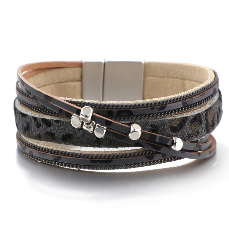 Amorcome, модные женские браслеты, леопардовые кожаные браслеты и браслеты, многослойный широкий браслет, ювелирный женский браслет - Окраска металла: Gray Leopard 2