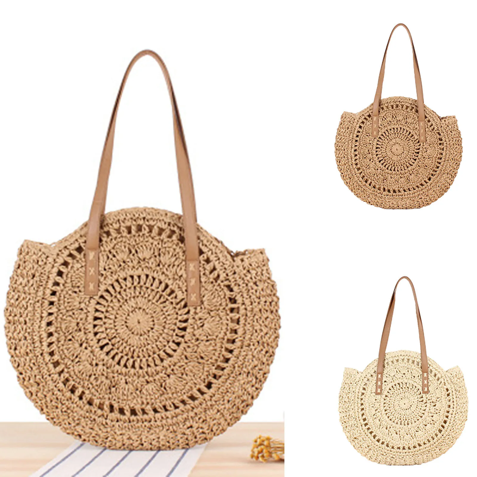 

Summer Round Straw Bags for Women Rattan Shoulder Bag 2021 New Handmade Woven Beach Handbags Female Message Handbag Totes Bag