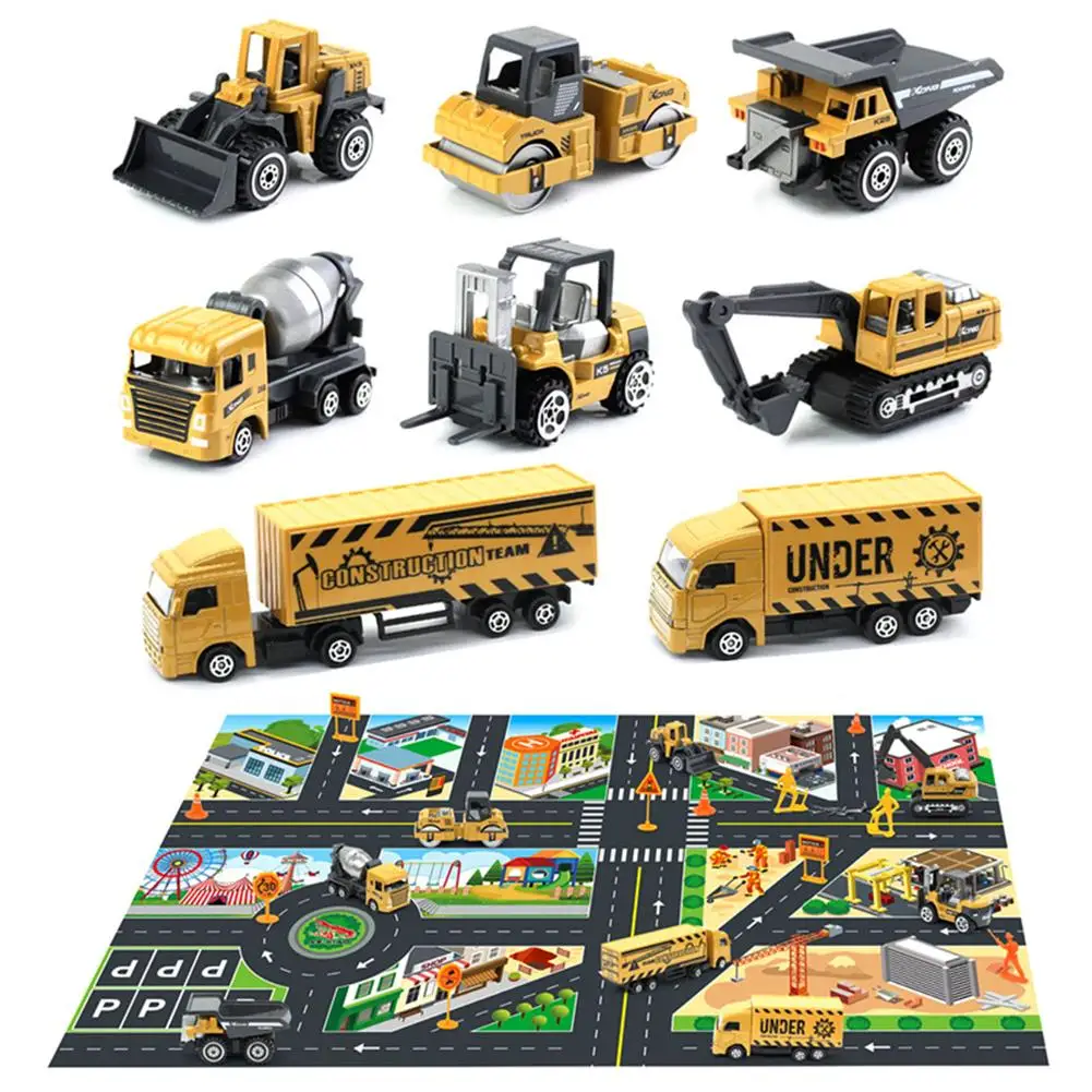 

8Pcs Mini Construction Truck Car Models Road Sign City Map Carpet Kids Toy Set