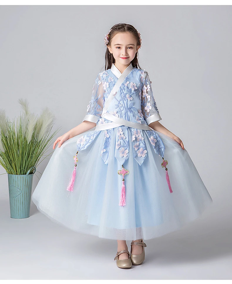 Hanfu/кружевное платье с вышивкой для девочек, 2 предмета осень г. костюм в китайском стиле ретро Улучшенная юбка Hanfu супер сказочное платье для малышей