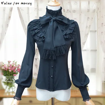 

Lolita Women's Vintage Shirt Gothic Chiffon Ruffle Blouse Long Sleeve Blusas Black/White/Navy Blue/Burgundy