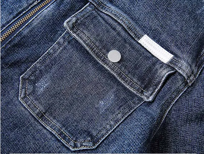 Mcikkny Solid Color Men's Cargo Loose Denim Jackets Multi Pocket Blue Jeans Jackets Male Stand Collar  (4)