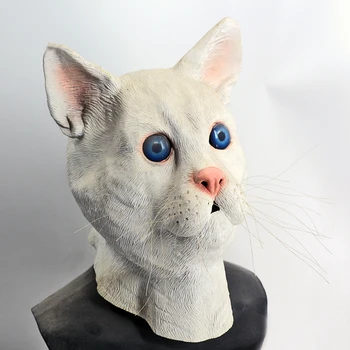 

White Cat Latex Animal Head Mask Rubber Pet Cat Mask Novelty Animal Head Rubber Halloween Costume Party