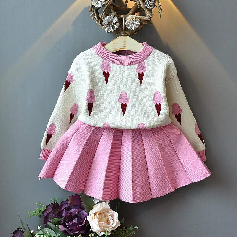 Осенний вязаный костюм в Корейском стиле для девочек, свитер, Детская футболка с рисунком для девочек, короткая юбка, комплект из двух предметов - Цвет: Розовый