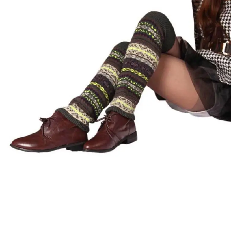 Женские вязаные длинные гетры в богемном стиле для девочек; утепленные ботфорты с камуфляжными полосками контрастного цвета; носки с манжетами