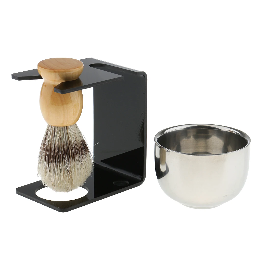 Wood Shaving Brush + Black Plastic Stand + Stainless Steel Smooth Surface Bowl Cup + Soap Set for Men Barber