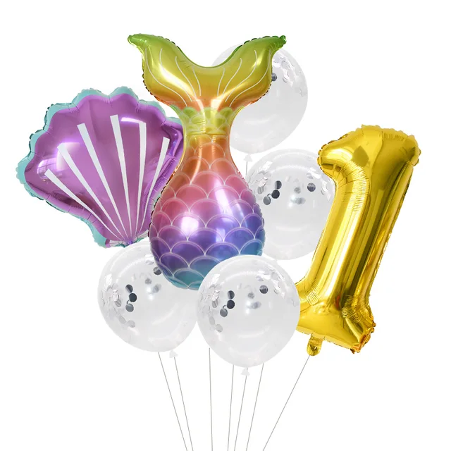 Little Mermaid Party Balloons 32inch Number Foil Balloon Kids Birthday Party Decoration Supplies Baby Shower Decor Helium Globos 7pcs number1 set