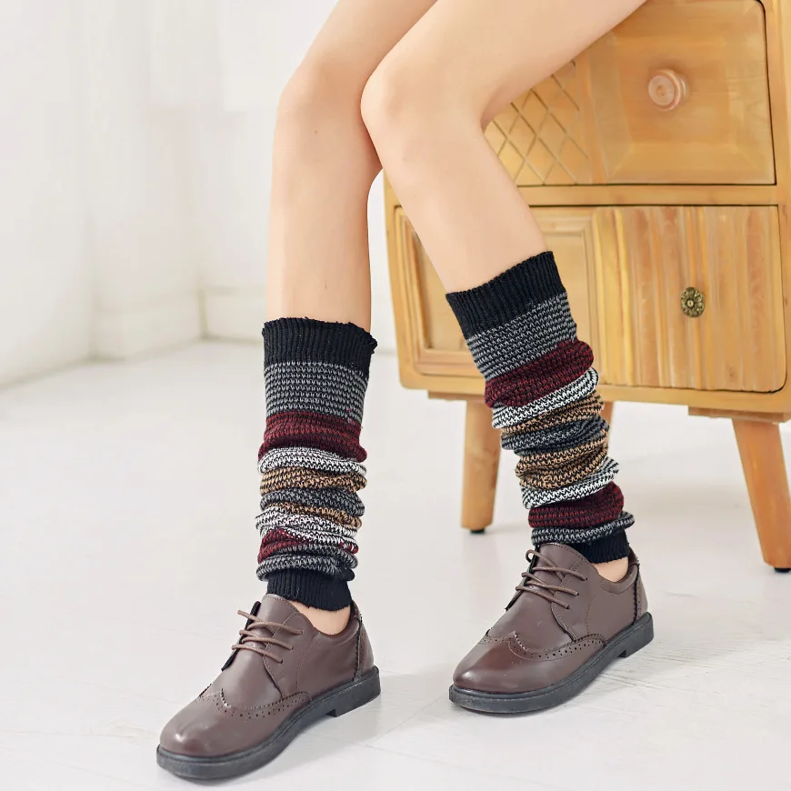 Японские вязаные гетры выше колена; высокие носки без пятки; модные гетры в полоску; модные вязаные теплые носки