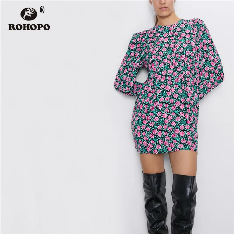 ROHOPO/мини-платье с круглым воротником и длинным рукавом розового цвета розами