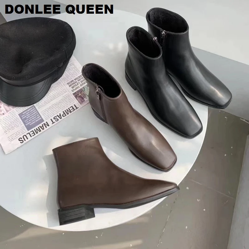 

Ankle Boots Women Square Toe Low Heel Zipper Chelsea Boots For Women Winter Plush Shoes Women Short Booties Female zapatos mujer