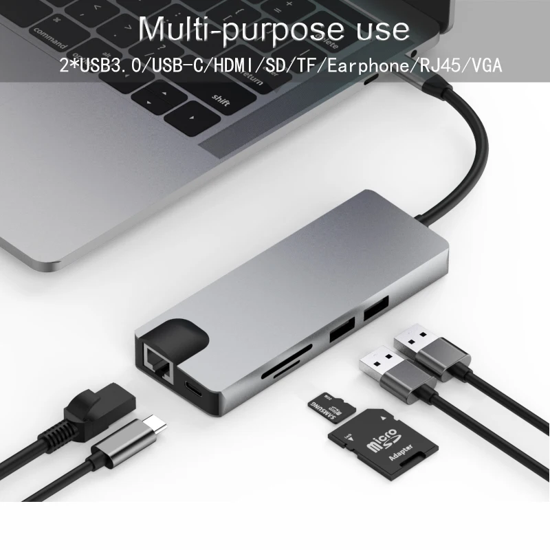 Basix USB C концентратор USB-C к HDMI VGA адаптер Thunderbolt 3 тип-c PD TF 3,5 мм считыватель слот USB3.0 концентратор для MacBookPro huawei P20 Pro - Цвет: 9in1 usb c hdmi vga